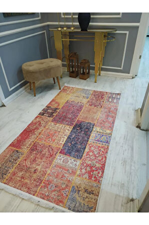Kaymaz Tabanlı Yıkanabilir Renkli Karabağ Kilim Desenli Dokuma Taban Halı