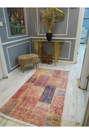 Kaymaz Tabanlı Yıkanabilir Renkli Karabağ Kilim Desenli Dokuma Taban Halı