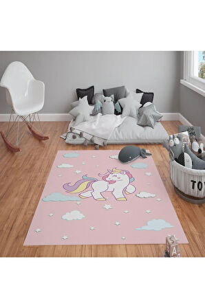 Kaymaz Tabanlı Yıkanabilir Unicorn Desenli Çocuk Halısı Dot Taban Halı