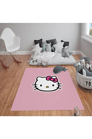 Kaymaz Tabanlı Yıkanabilir Hello Kitty Desenli Çocuk Halısı Dot Taban Halı