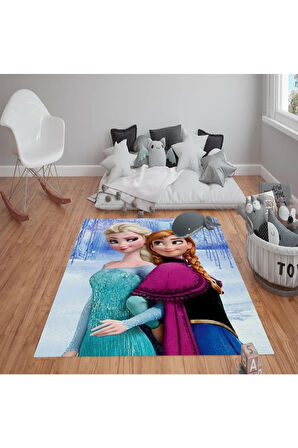 Kaymaz Tabanlı Yıkanabilir Elsa Frozen Desenli Çocuk Halısı Dot Taban Halı