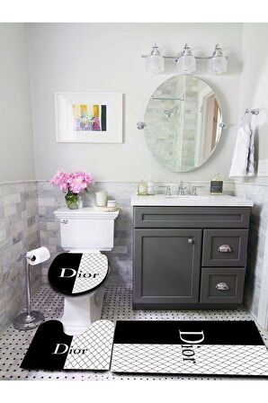 Yıkanabilir Kaymaz Dot Tabanlı Dekoratif Desenli 3'lü Klozet Takımı Banyo Paspas Seti