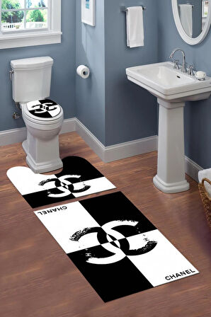 Yıkanabilir Kaymaz Dot Tabanlı Dekoratif Desenli 3'lü Klozet Takımı Banyo Paspas Seti