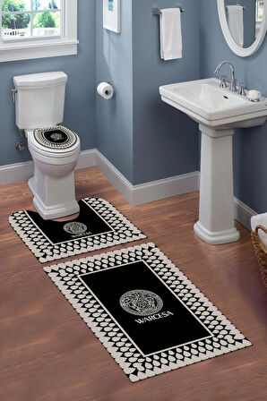 Yıkanabilir Kaymaz Dot Tabanlı Dekoratif Desenli 3'lü Klozet Takımı Banyo Paspas Seti