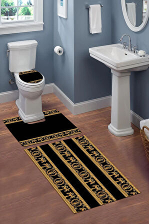 Yıkanabilir Kaymaz Dot Tabanlı Dekoratif Desenli 3'lü Klozet Takımı Banyo Paspas Seti