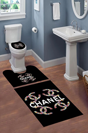 Yıkanabilir Kaymaz Dot Tabanlı Dekoratif Desenli 3'lü Klozet Takımı Banyo Paspas Seti
