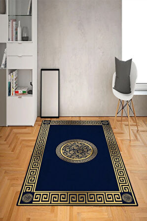 Kaymaz Taban Yıkanabilir Lacivert Gold Çerçeveli Desenli Dot Taban Halı