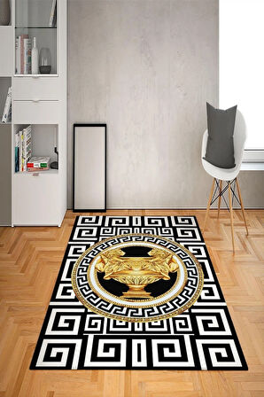 Kaymaz Taban Yıkanabilir Gold Aslan Kupa Medusa Desenli Dot Taban Halı