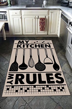 Kaymaz Tabanlı Yıkanabilir My Kitchen My Rules Desenli Dot Taban Halı