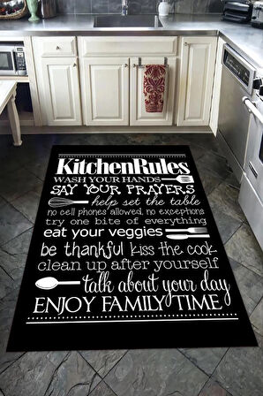 Kaymaz Tabanlı Yıkanabilir Kitchen Rules Desenli Dot Taban Halı