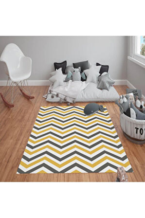 Kaymaz Tabanlı Yıkanabilir Zigzag Desenli Çocuk Halısı Dot Taban Halı
