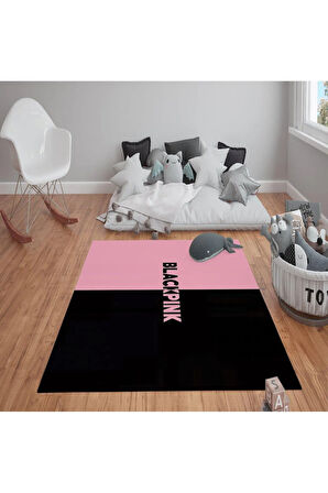 Kaymaz Tabanlı Yıkanabilir BlackPink Desenli Çocuk Halısı Dot Taban Halı