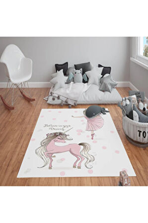 Kaymaz Tabanlı Yıkanabilir Unicorn Desenli Çocuk Halısı Dot Taban Halı