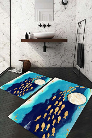 Dijital Baskı Kaymaz Taban Yıkanabilir 2'li Banyo Paspas Takımı