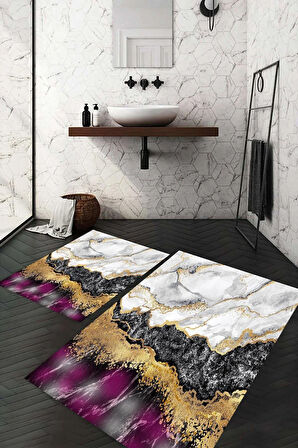 Dijital Baskı Kaymaz Taban Yıkanabilir 2'li Banyo Paspas Takımı