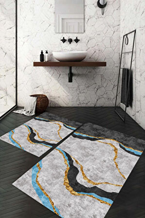 Dijital Baskı Kaymaz Taban Yıkanabilir 2'li Banyo Paspas Takımı