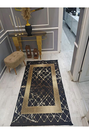 Kaymaz Tabanlı Yıkanabilir Versace Granit Çerçeve Desenli Dokuma Taban Halı