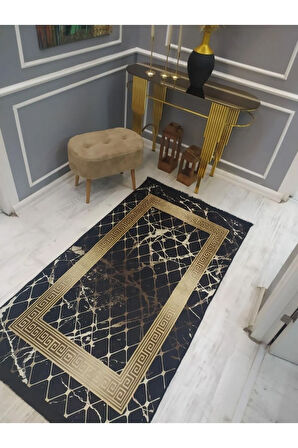 Kaymaz Tabanlı Yıkanabilir Versace Granit Çerçeve Desenli Dokuma Taban Halı