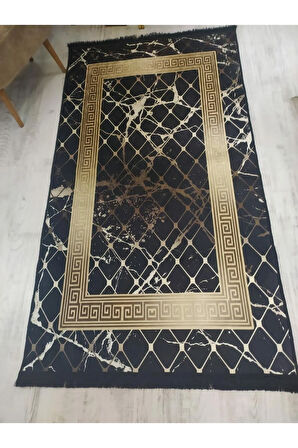 Kaymaz Tabanlı Yıkanabilir Versace Granit Çerçeve Desenli Dokuma Taban Halı