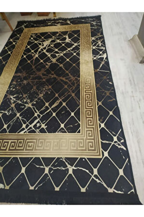 Kaymaz Tabanlı Yıkanabilir Versace Granit Çerçeve Desenli Dokuma Taban Halı