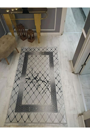 Kaymaz Tabanlı Yıkanabilir Versace Granit Çerçeve Desenli Dokuma Taban Halı