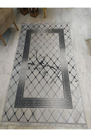 Kaymaz Tabanlı Yıkanabilir Versace Granit Çerçeve Desenli Dokuma Taban Halı