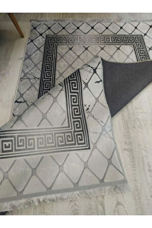 Kaymaz Tabanlı Yıkanabilir Versace Granit Çerçeve Desenli Dokuma Taban Halı