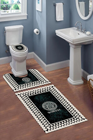 Yıkanabilir Kaymaz Tabanlı Dekoratif Desenli 3 lü Klozet Takımı Banyo Paspas Seti