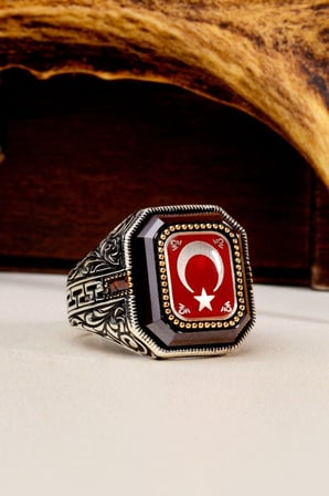 925 Ayar Gümüş Kırmızı Mineli Ay Yıldız Motifli Kayı Boyu Erkek Yüzük