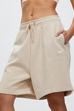 Nike Sportswear Ess. Collt. Fleece High-Waisted Yüksek Belli Bol Kesim Krem Rengi Kadın Spor Şort