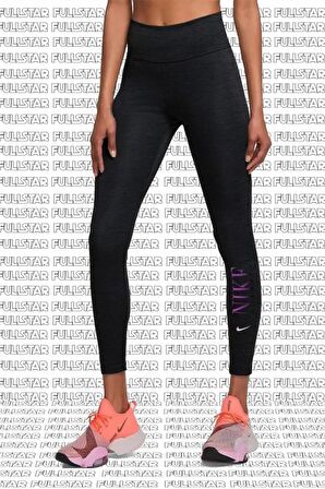 Nike One Dri Fit Mid Rise Nike Graphic 7/8 Toparlayıcı 2 Cepli Siyah Tayt