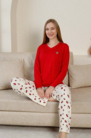 Kadın V Yaka Düğmesiz Mantar Desen Likralı Viskon Mevsimlik Uzun Kol Pijama Takımı