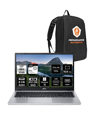 ACER Aspire 3 i5 1235U 8GB RAM 512GB SSD 15.6'' FHD W11H Taşınabilir Bilgisayar & PER4 ÇANTA