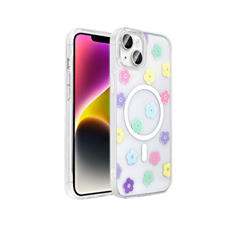 Gpack Apple iPhone 15 uyumlu Kılıf Folk M-Safe Şarj Özellikli Şeffaf Desenli