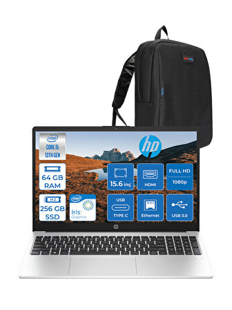 Hp 250 G10 Intel Core I5 1334U 64GB 256GB SSD Intel® Iris® Xᵉ Grafik Freedos 15.6" Taşınabilir Bilgisayar 9G1E5ETF31 + Zetta Çanta