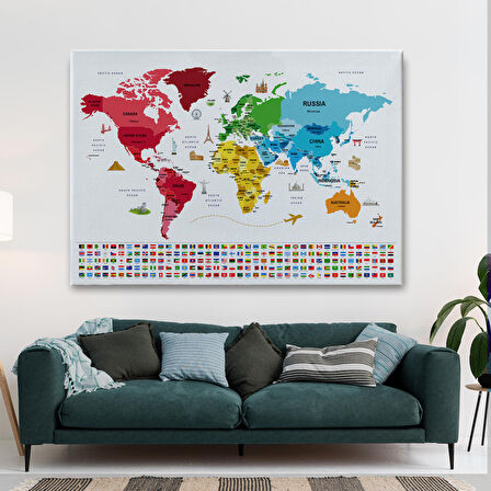 Harita Sepeti Dünya Haritası Ülke Bayraklı ve Başkentli Kanvas Tablo 1959