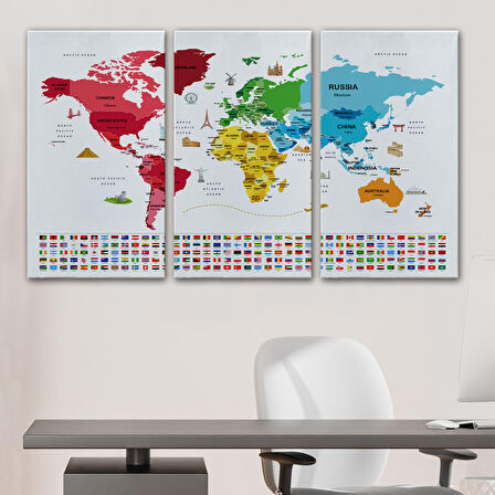 Harita Sepeti Dünya Haritası Ülke Bayraklı ve Başkentli Kanvas Tablo 1959