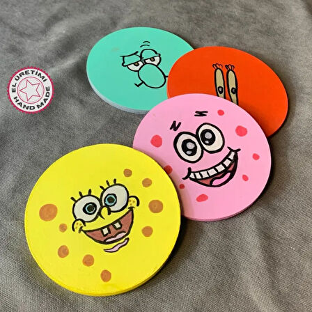 Uretti - Pınar 2572 - El Yapımı Özel Tasarım Sünger Bob ve Arkadaşları 4'lü Bardak Altlığı - 10 x 10 cm