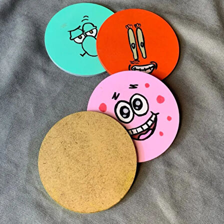 Uretti - Pınar 2572 - El Yapımı Özel Tasarım Sünger Bob ve Arkadaşları 4'lü Bardak Altlığı - 10 x 10 cm