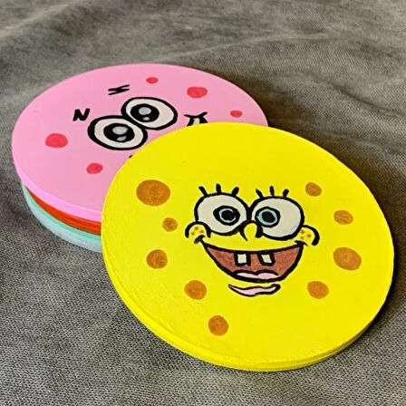 Uretti - Pınar 2572 - El Yapımı Özel Tasarım Sünger Bob ve Arkadaşları 4'lü Bardak Altlığı - 10 x 10 cm