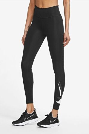 Nike One Dri Fit Big Double Swoosh Leggings Toparlayıcı 2 İç Cepli Siyah Tayt
