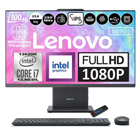 Lenovo Ideacentre Aıo 24IRH9 Intel Core I7-13620H Ddr5 32GB 1tb SSD Intel UHD Graphics 23.8 Fhd IPS Windows 11 Home Gri All In One Bilgisayar F0HN00EATRH11 + Zetta Flash Bellek