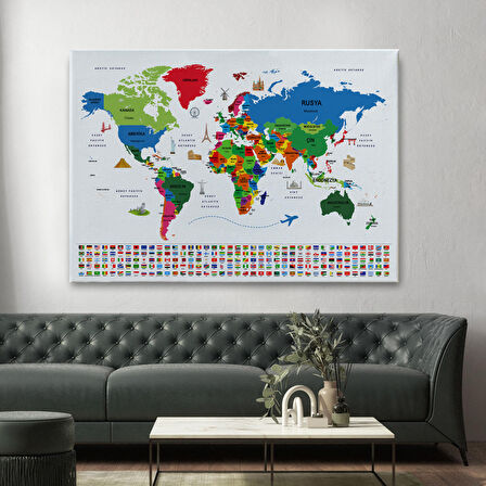 Harita Sepeti Türkçe Dünya Haritası Ülke Bayrak ve Başkentli Kanvas Tablo 1962