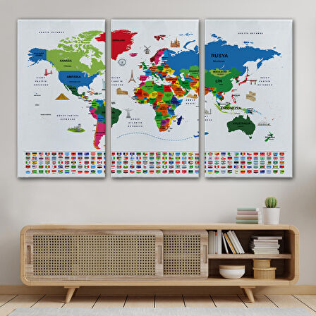 Harita Sepeti Türkçe Dünya Haritası Ülke Bayrak ve Başkentli Kanvas Tablo 1962