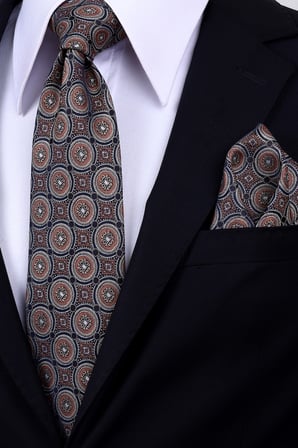 Esgue Hand Made 8 cm Yuvarlak Desen Kiremit Bej Renk Mendilli Kravat