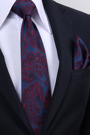 Esgue Hand Made 8 cm Büyük Şal Desen Bordo Mavi Renk Mendilli Kravat