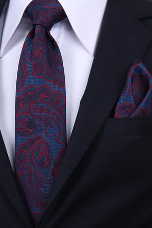 Esgue Hand Made 8 cm Büyük Şal Desen Bordo Mavi Renk Mendilli Kravat