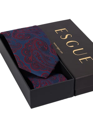 Esgue Hand Made 8 cm Büyük Şal Desen Bordo Mavi Renk Mendilli Kravat