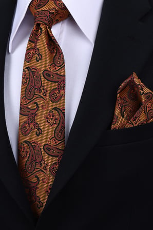 Esgue Hand Made 8 cm Şal Desen Hardal Sarı Siyah Renk Mendilli Kravat