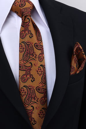 Esgue Hand Made 8 cm Şal Desen Hardal Sarı Siyah Renk Mendilli Kravat